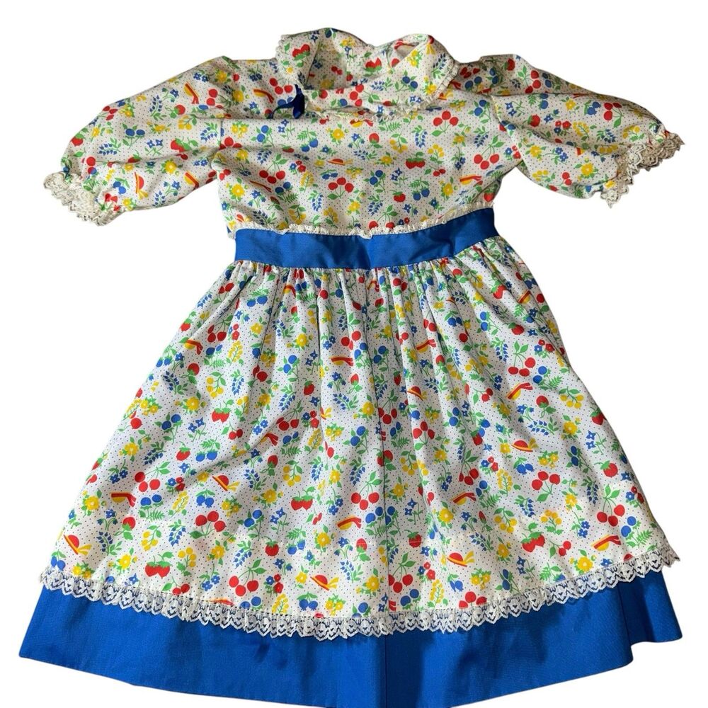 Vintage 70s Girls/Kids Yellow‎ Fruit Print Dress Cottagecore Homemade